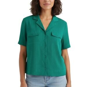 Athleta Echo Short Sleeve Button-Up Blouse Med Green Quick Dry Performance Top